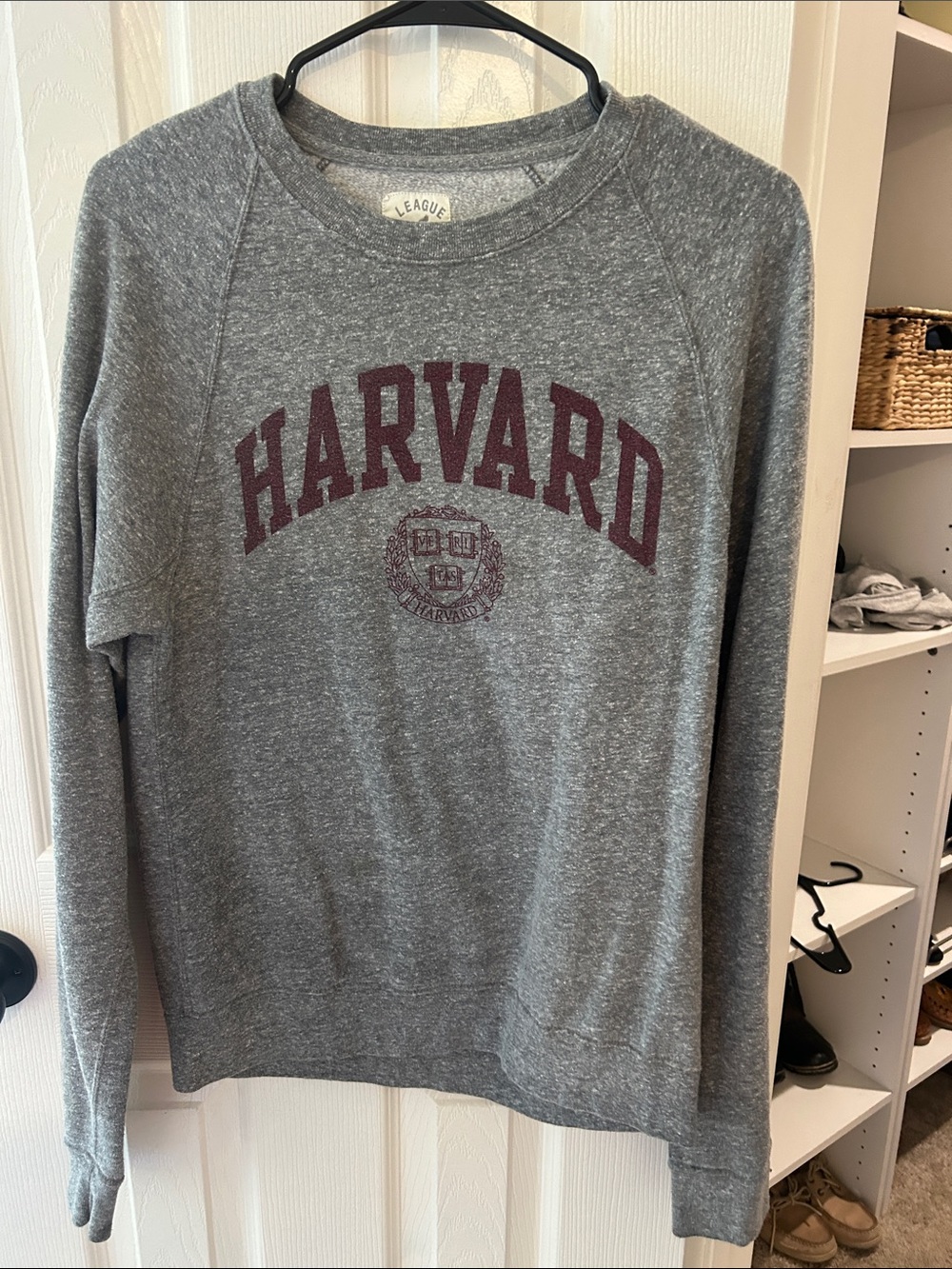 League Grey Crewneck with Maroon Harvard Lettering